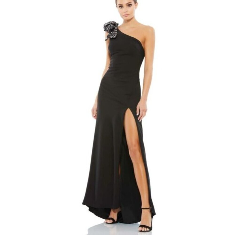 Mac Duggal Size 0 55707 Black One Shoulder Sequin Bow Formal Slit Dress NWT